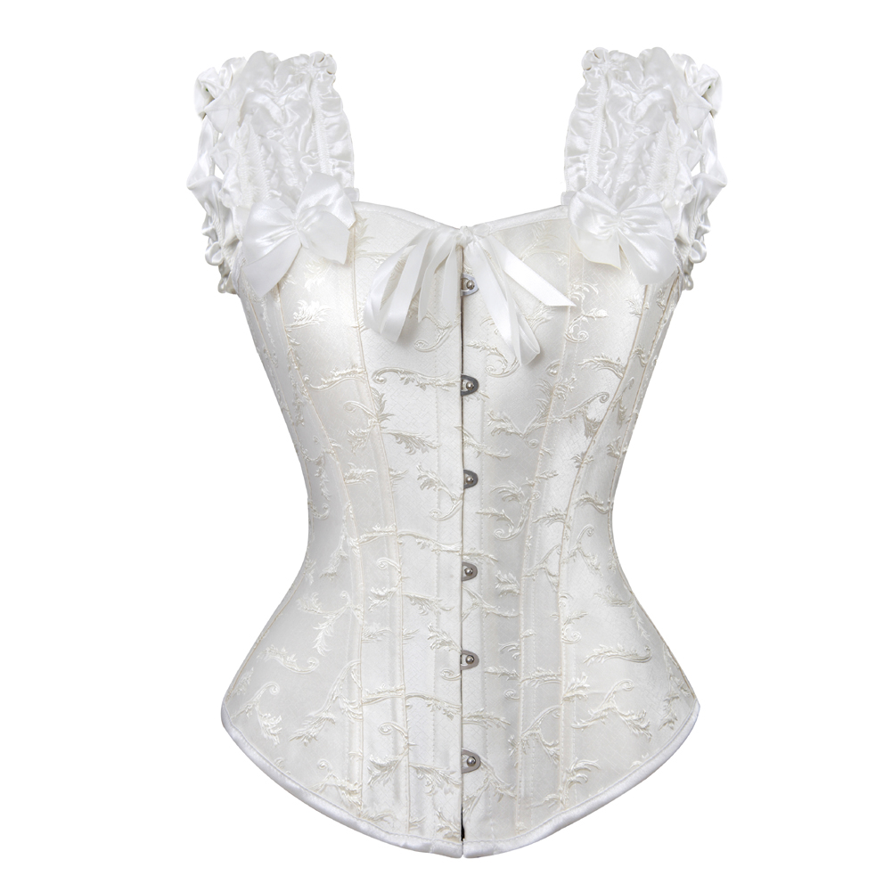 White-Bustier Corset Steampunk Gothic Steel Boned Ruched Sleeves Corselet Embroidery Wedding Carnival Party Clubwear Fashion Outwear