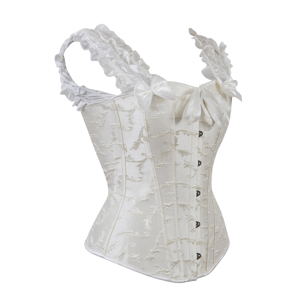 White-Bustier Corset Steampunk Gothic Steel Boned Ruched Sleeves Corselet Embroidery Wedding Carnival Party Clubwear Fashion Outwear