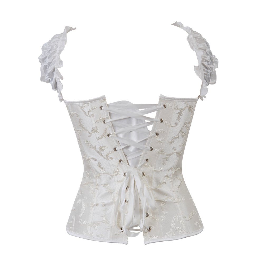 White-Bustier Corset Steampunk Gothic Steel Boned Ruched Sleeves Corselet Embroidery Wedding Carnival Party Clubwear Fashion Outwear