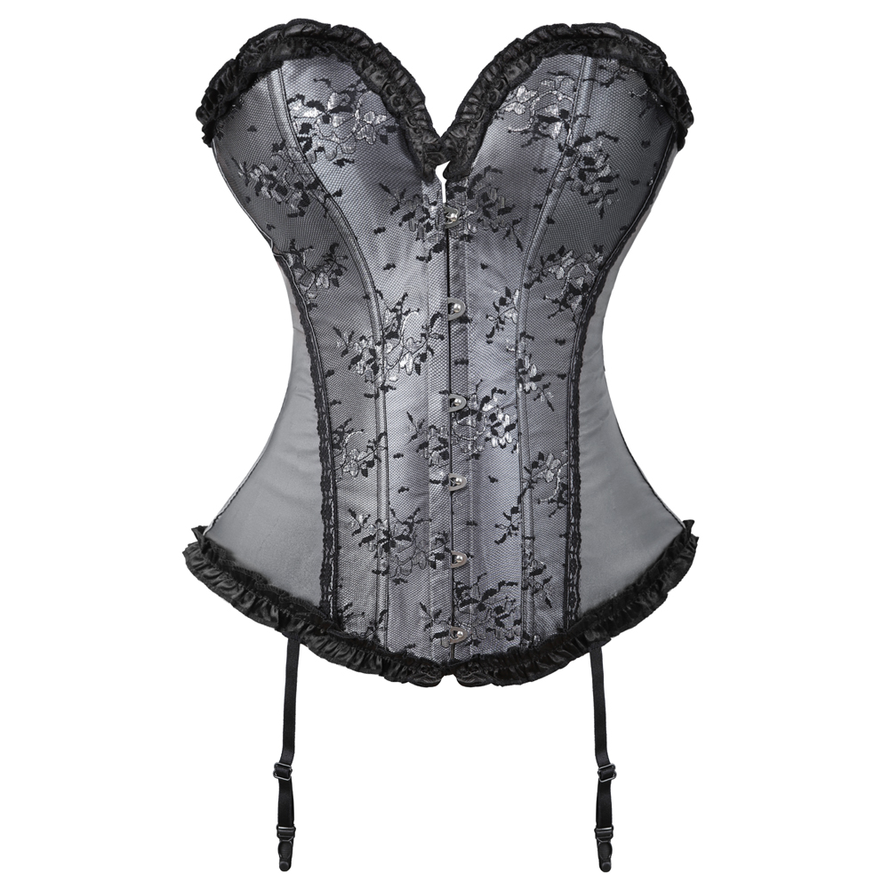 Gray-Corsets and Bustiers for Women Gothic Satin Lace Overylay Bridal Corselete Sexy Hens Party Goth Boned Clubwear Casual Vintage