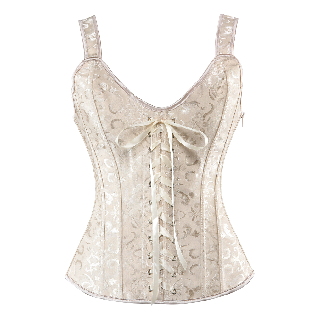 Beige-Women's Corset Bustier Gothic Jacquard Shoulder Straps Tank Overbust Renaissance Gorset Top Push Up Holiday Party Club Dance