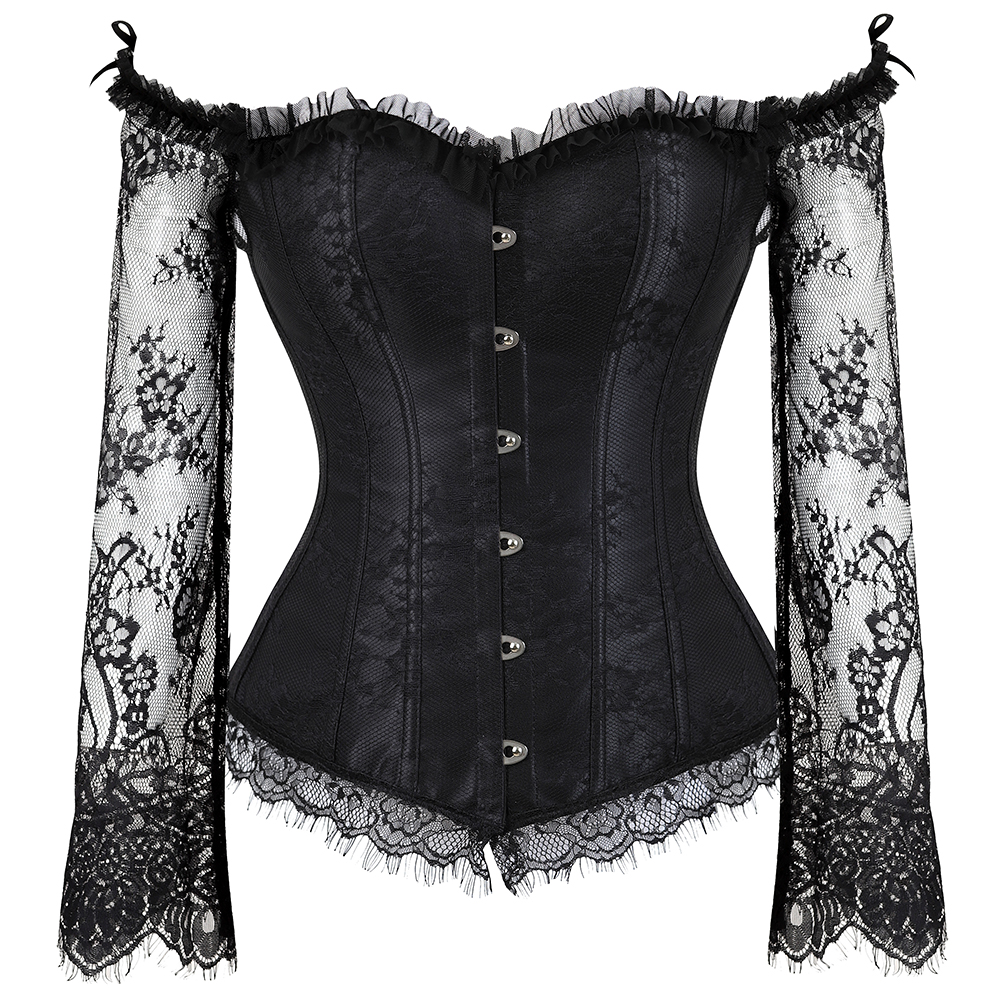 Black-Corset Women Breathable Bustier Lace Up Bodyshaper Long Sleeves Pirate Corsetto Valentine Special Night Honeymoon Party Clubwear