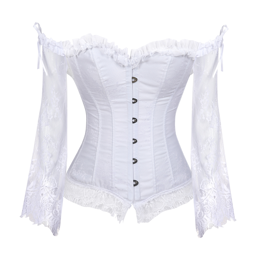 White-Corset Women Breathable Bustier Lace Up Bodyshaper Long Sleeves Pirate Corsetto Valentine Special Night Honeymoon Party Clubwear