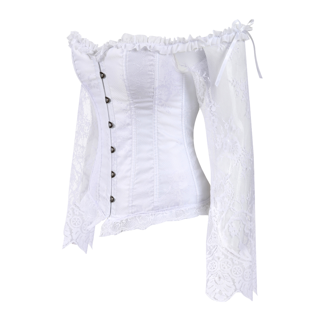 White-Corset Women Breathable Bustier Lace Up Bodyshaper Long Sleeves Pirate Corsetto Valentine Special Night Honeymoon Party Clubwear