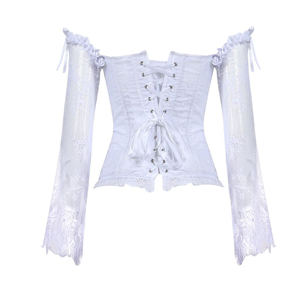 White-Corset Women Breathable Bustier Lace Up Bodyshaper Long Sleeves Pirate Corsetto Valentine Special Night Honeymoon Party Clubwear