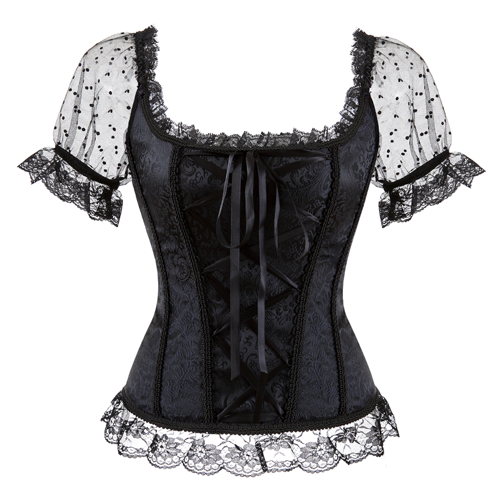 Black-Corsets and Bustiers Women Sexy Goth Wide Strap Wedding Corselet Breathable Lace Trim Overbust Femme Top Holiday Party Clubwear
