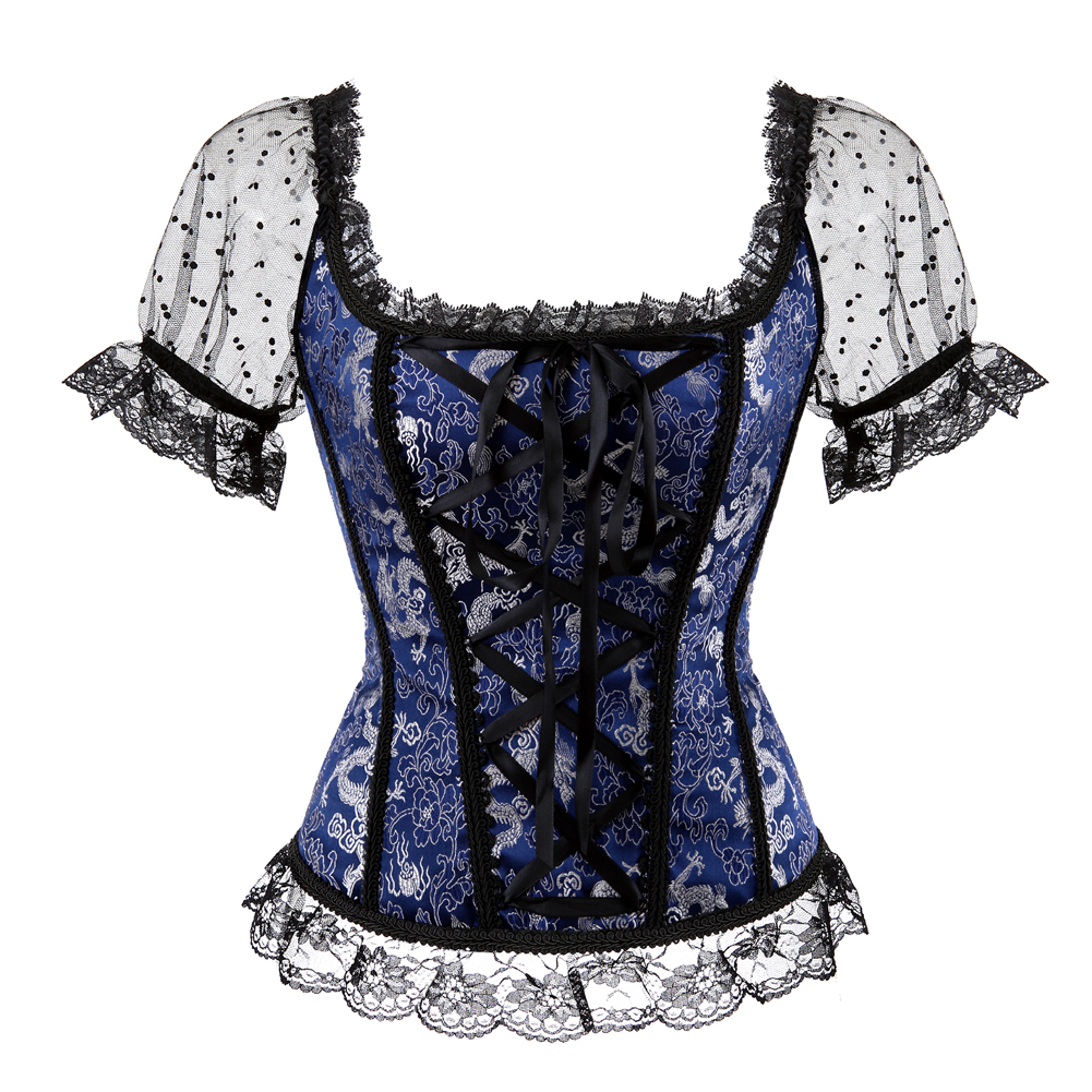 Blue-Corsets and Bustiers Women Sexy Goth Wide Strap Wedding Corselet Breathable Lace Trim Overbust Femme Top Holiday Party Clubwear