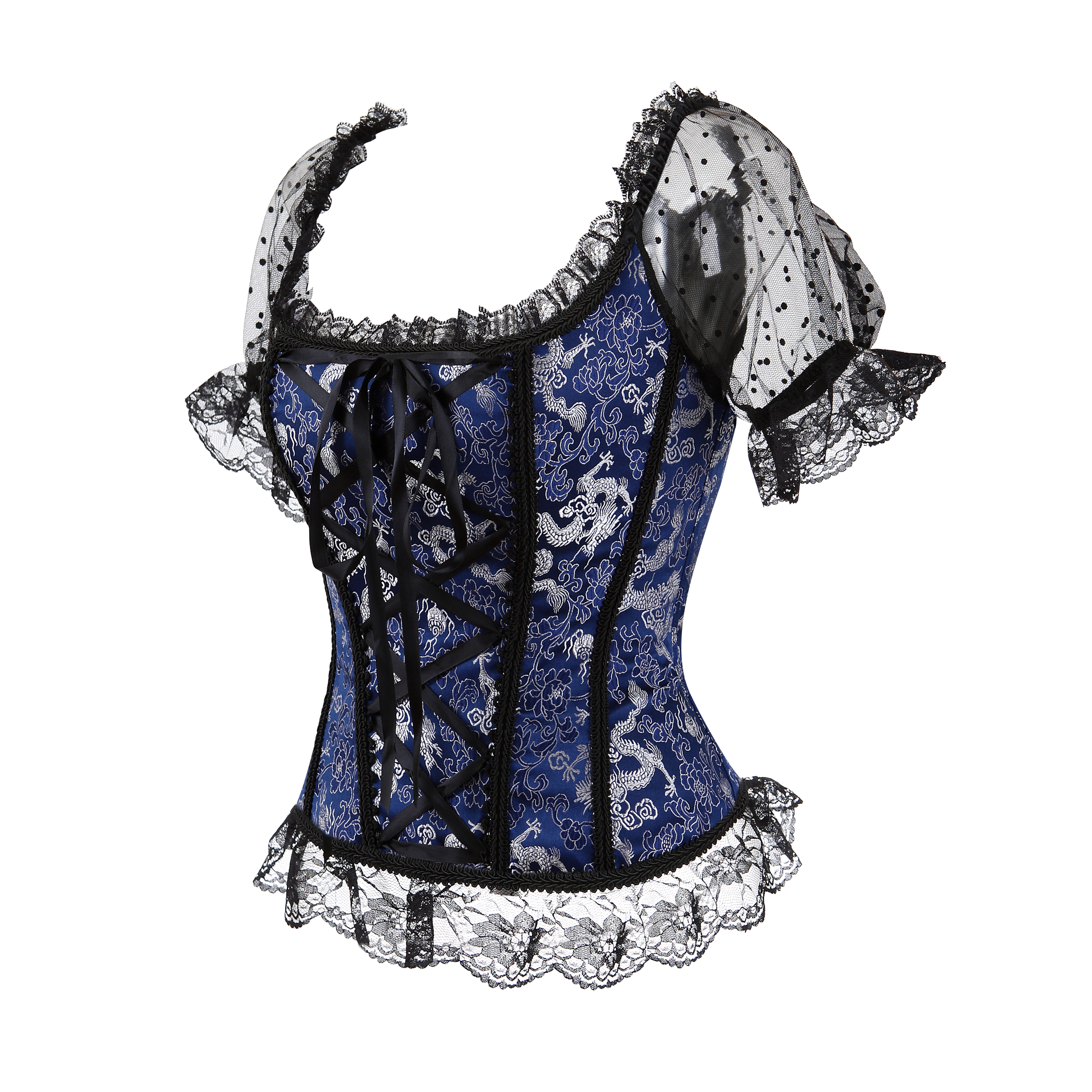 Blue-Corsets and Bustiers Women Sexy Goth Wide Strap Wedding Corselet Breathable Lace Trim Overbust Femme Top Holiday Party Clubwear