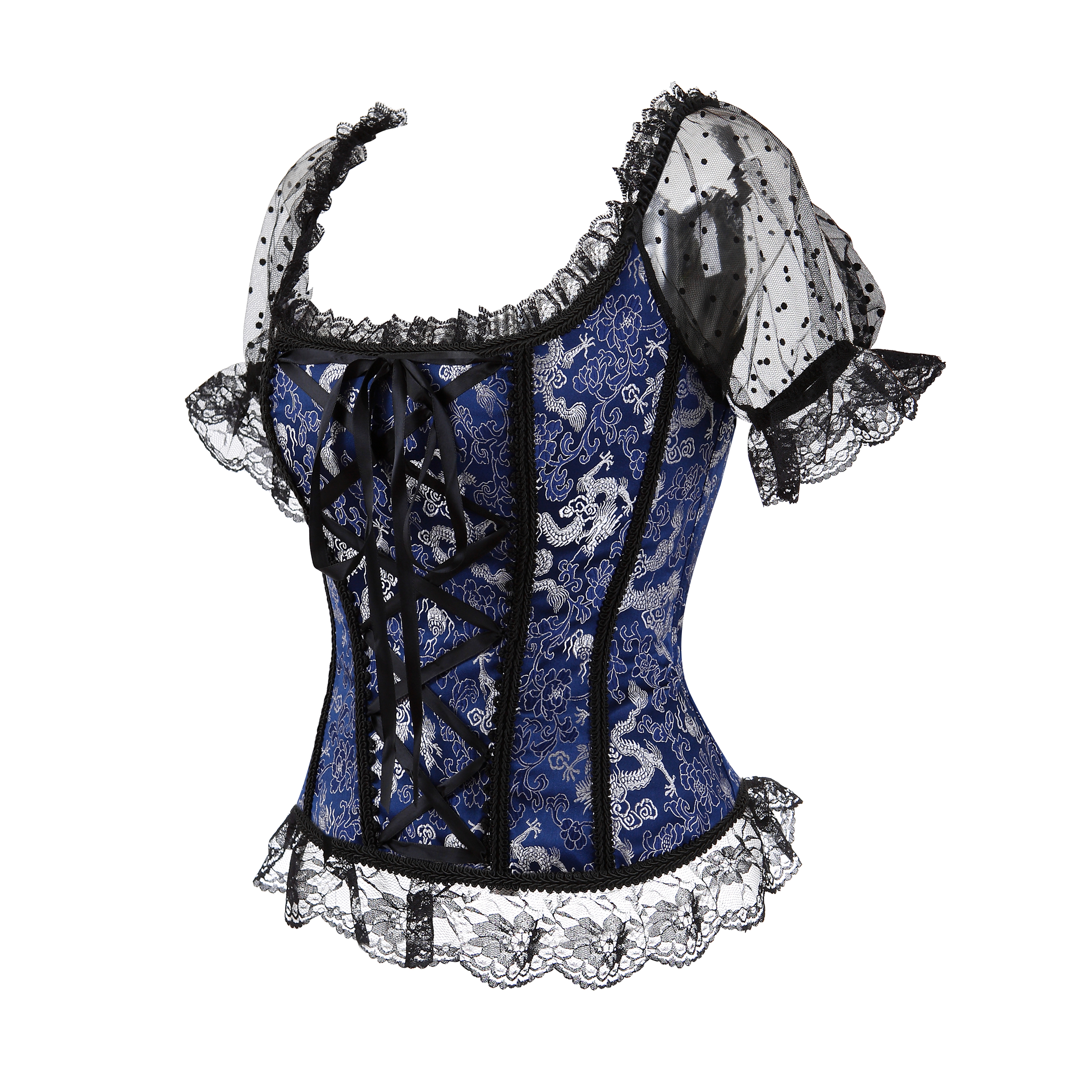 Blue-Corsets and Bustiers Women Sexy Goth Wide Strap Wedding Corselet Breathable Lace Trim Overbust Femme Top Holiday Party Clubwear
