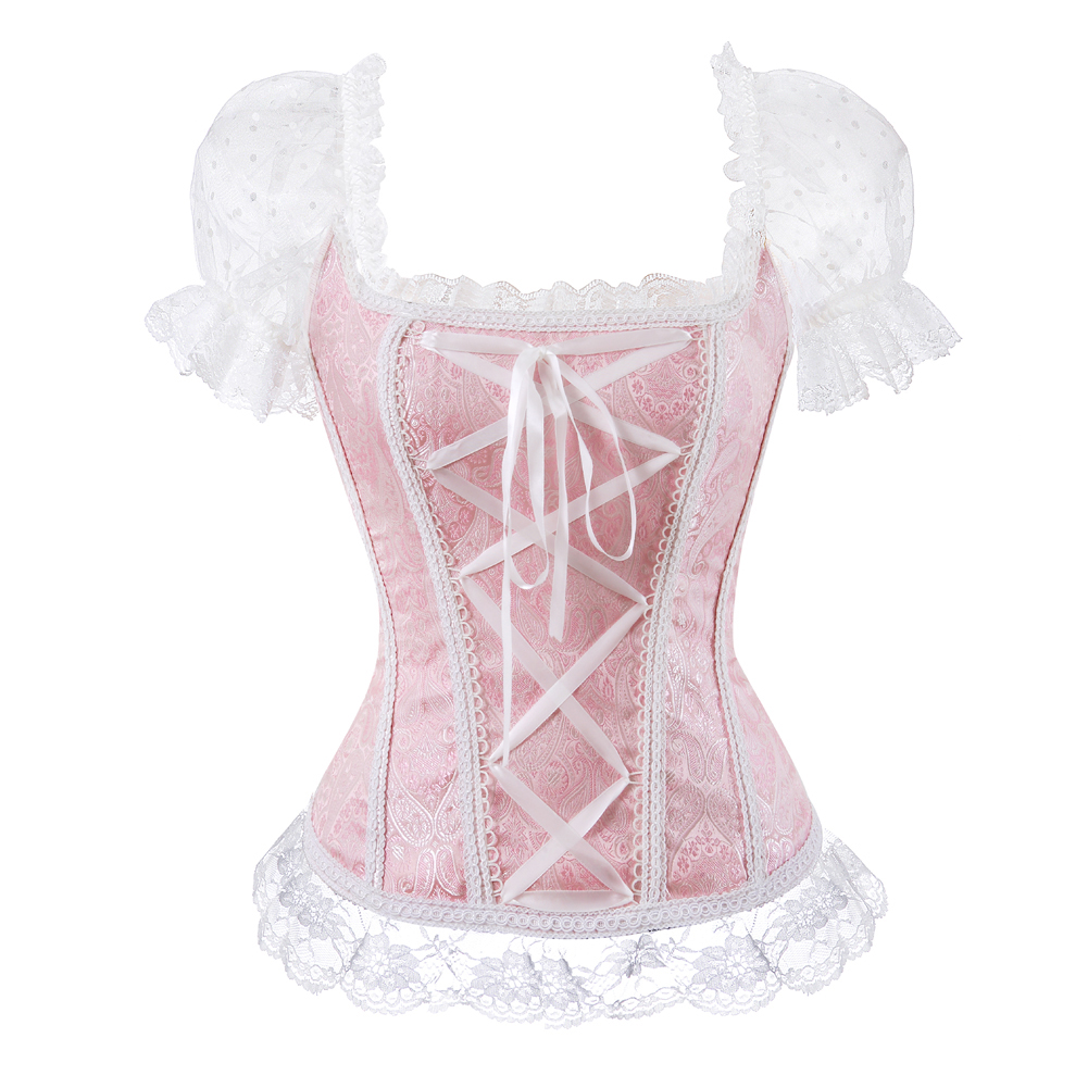 Pink-Corsets and Bustiers Women Sexy Goth Wide Strap Wedding Corselet Breathable Lace Trim Overbust Femme Top Holiday Party Clubwear