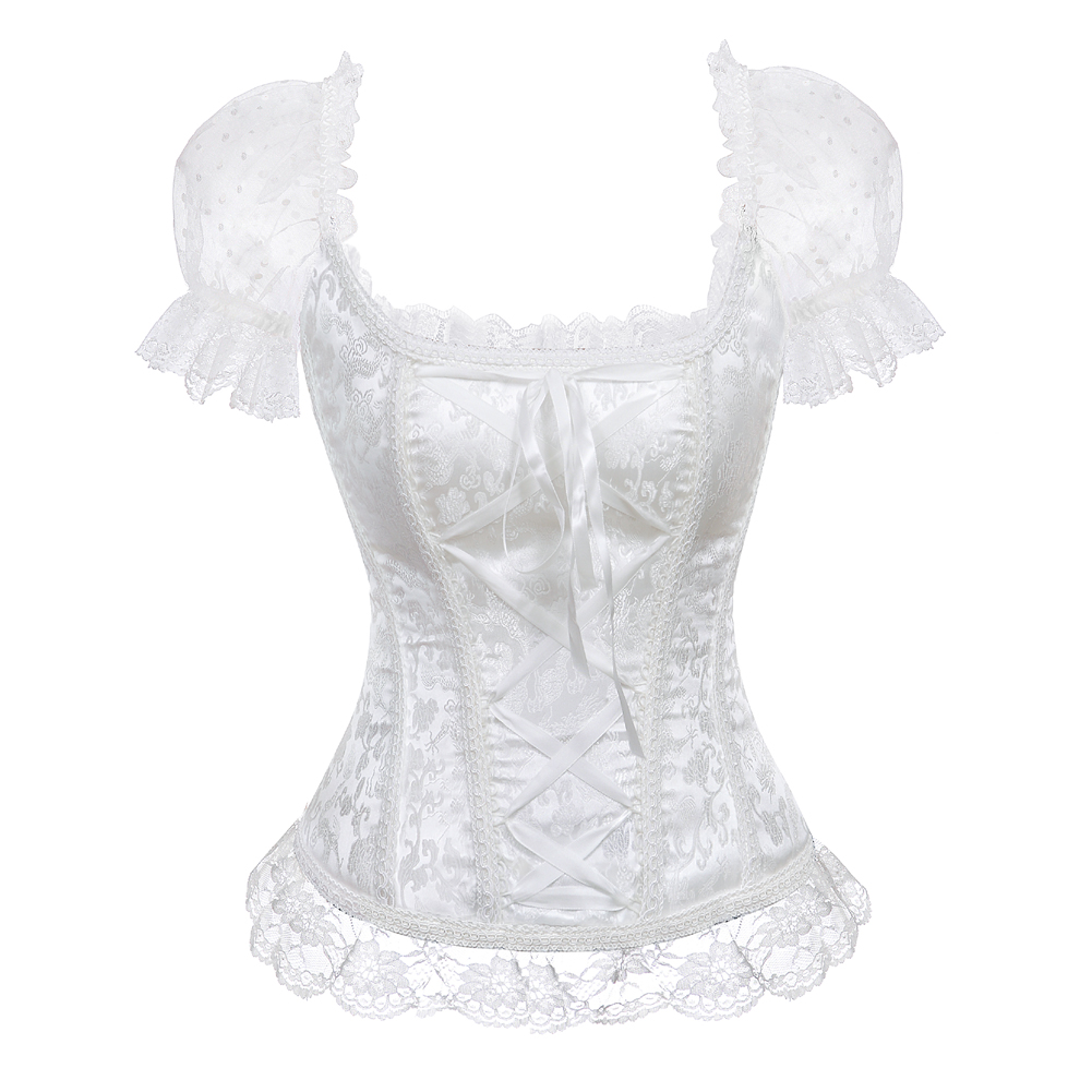 White-Corsets and Bustiers Women Sexy Goth Wide Strap Wedding Corselet Breathable Lace Trim Overbust Femme Top Holiday Party Clubwear