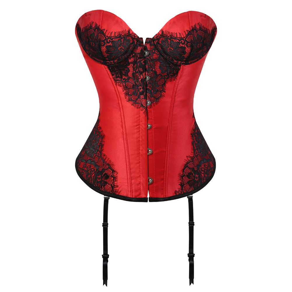 Red-Corsets and Bustiers for Women Gothic Classical Lace Overlay Corselete Sexy Overbust Strapless Satin Carnival Party Clubwear