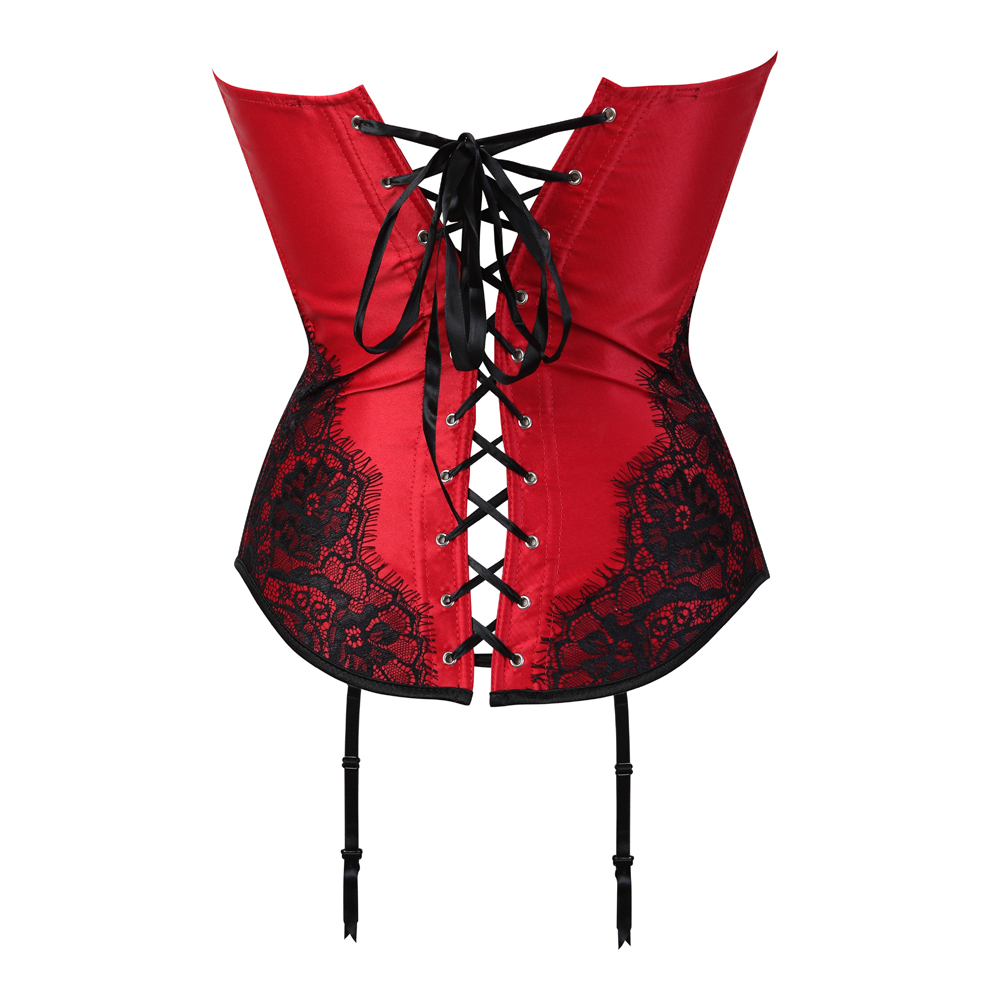 Red-Corsets and Bustiers for Women Gothic Classical Lace Overlay Corselete Sexy Overbust Strapless Satin Carnival Party Clubwear