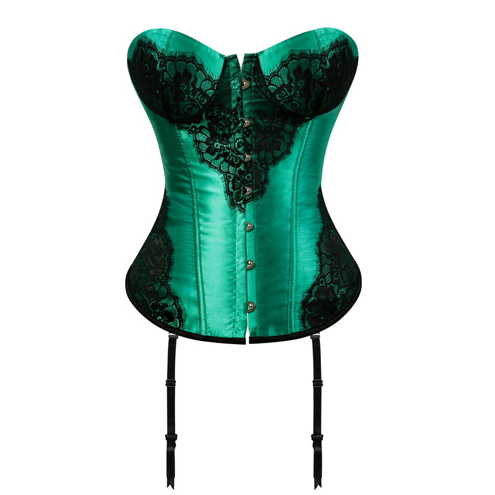 Green-Corsets and Bustiers for Women Gothic Classical Lace Overlay Corselete Sexy Overbust Strapless Satin Carnival Party Clubwear