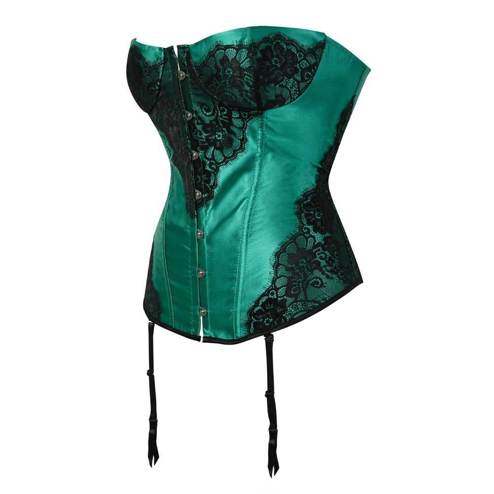 Green-Corsets and Bustiers for Women Gothic Classical Lace Overlay Corselete Sexy Overbust Strapless Satin Carnival Party Clubwear