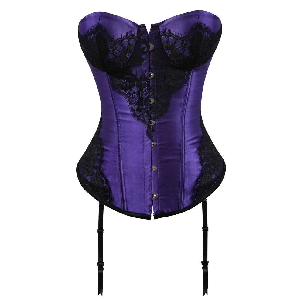 Purple-Corsets and Bustiers for Women Gothic Classical Lace Overlay Corselete Sexy Overbust Strapless Satin Carnival Party Clubwear