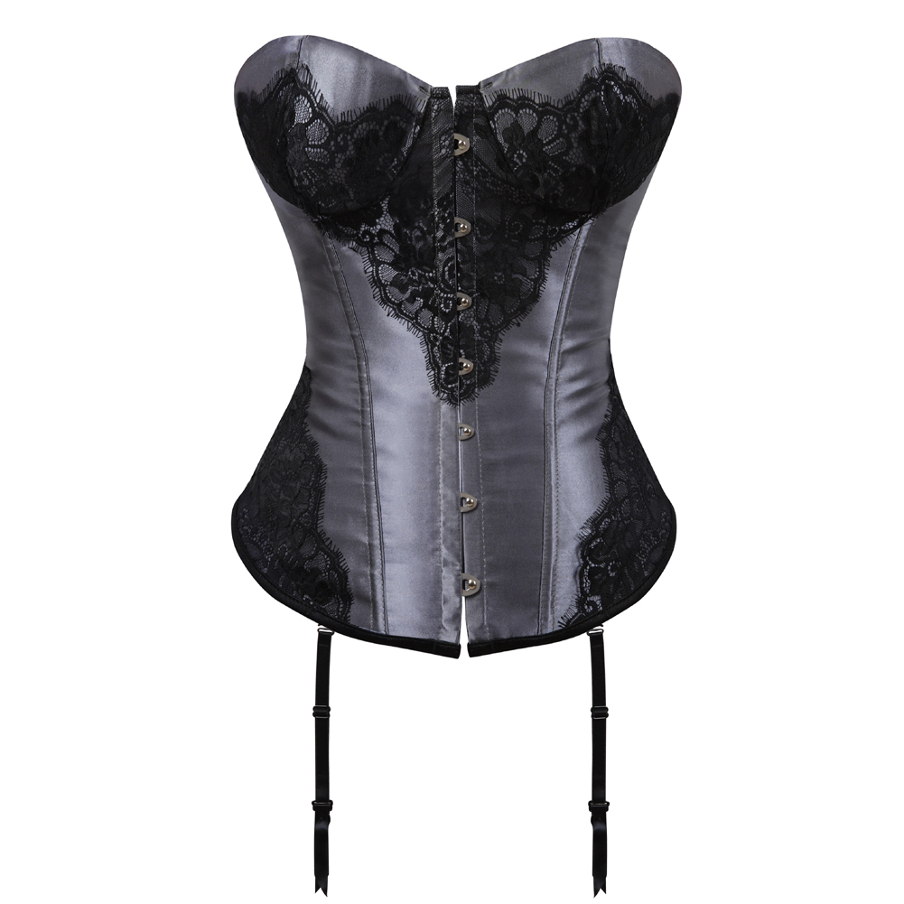 Gray-Corsets and Bustiers for Women Gothic Classical Lace Overlay Corselete Sexy Overbust Strapless Satin Carnival Party Clubwear