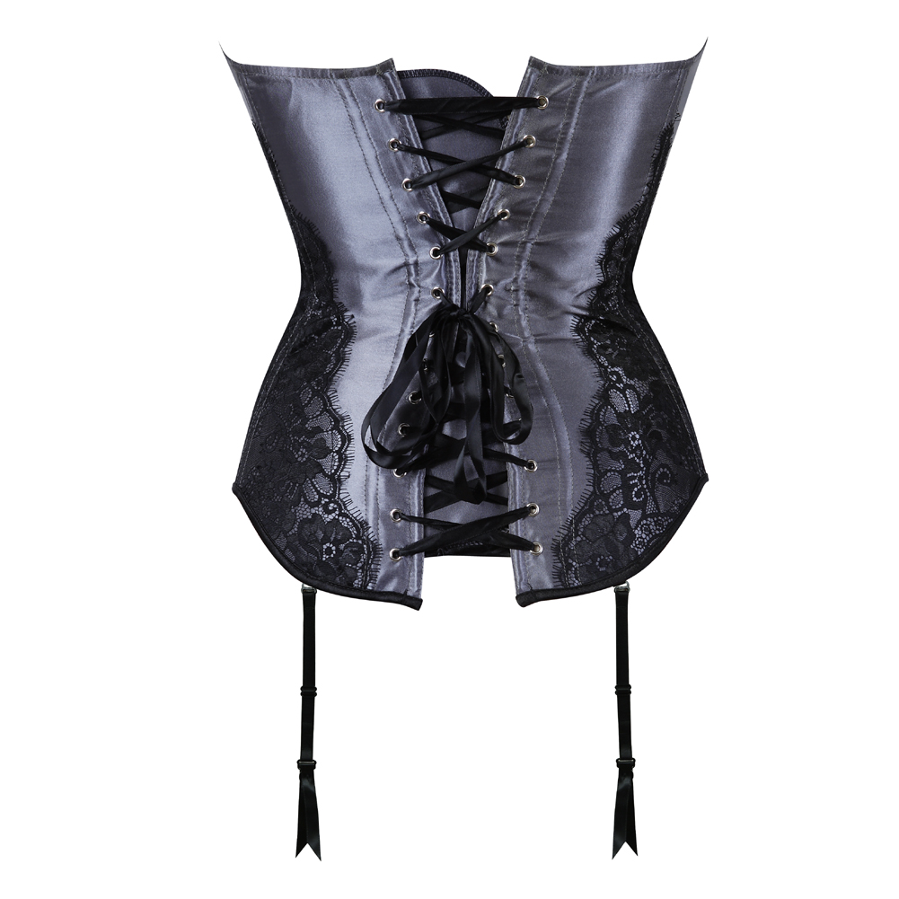 Gray-Corsets and Bustiers for Women Gothic Classical Lace Overlay Corselete Sexy Overbust Strapless Satin Carnival Party Clubwear