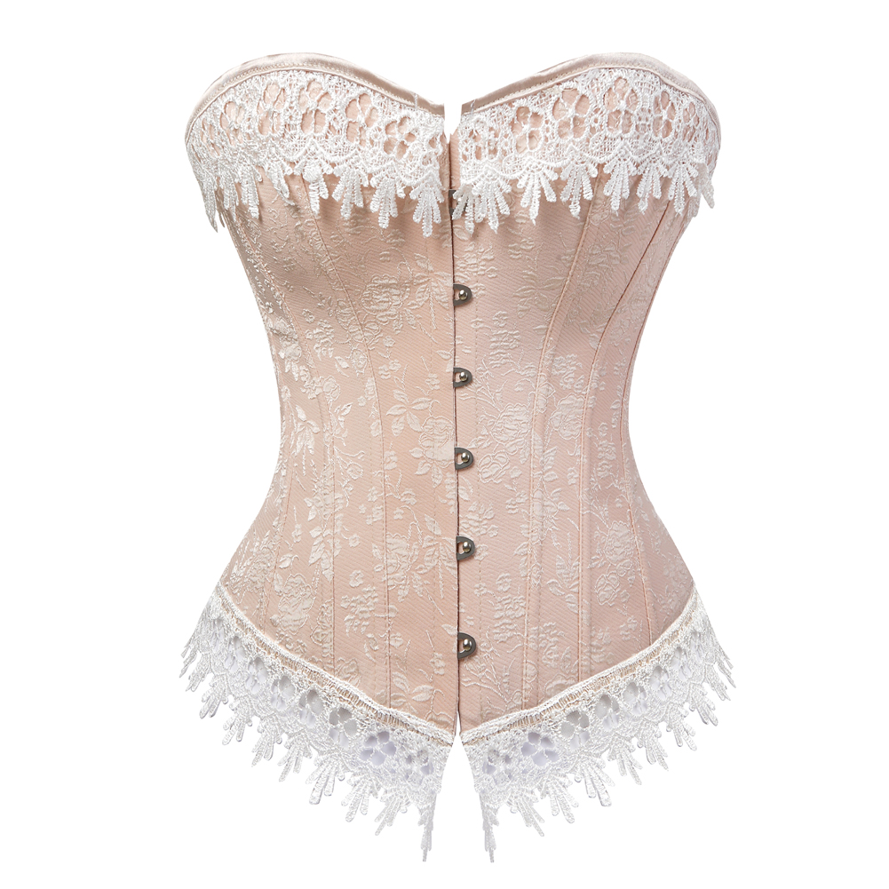 Corsets and Bustiers for Women Gothic Plus Size Cream Lace Trim Corselete Sexy Overbust Push Up Masquerade Carnival Fiesta Party