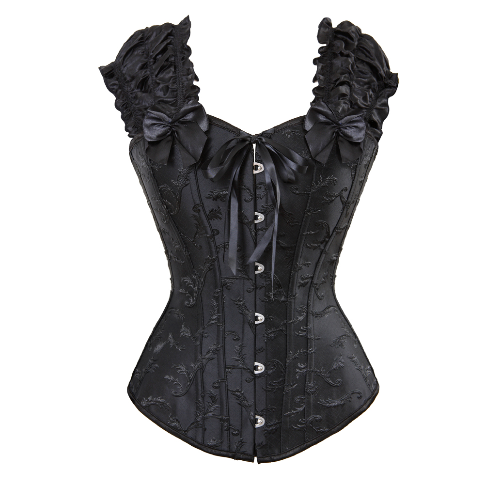 Black-Bustier Corset Steampunk Gothic Steel Boned Ruched Sleeves Corselet Embroidery Wedding Carnival Party Clubwear Fashion Outwear