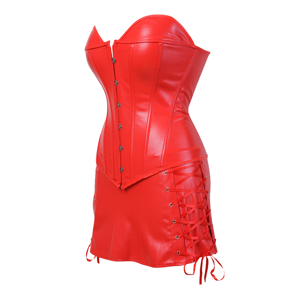 Red-Corsets and Bustiers Women Steampunk Pirate Faux Leather Plus Size Overbust Embroidery Corselete Sexy Fiesta Party Clubwear