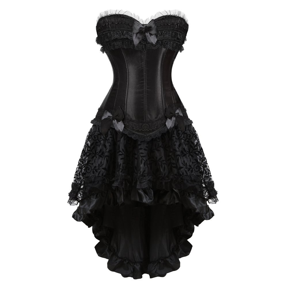 Gothic Corset Skirt for Women Corselet Steampunk Lace Trim Zip Bustier Dress Satin Plus Size Carnival Party Club Night Costumes