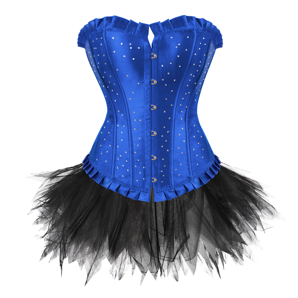Blue-Corset Bustier with Tutu Skirt Women Gothic Plus Size Rhinestones Lace Up Boned Corselet Dress Club Party Evening New Years Eve