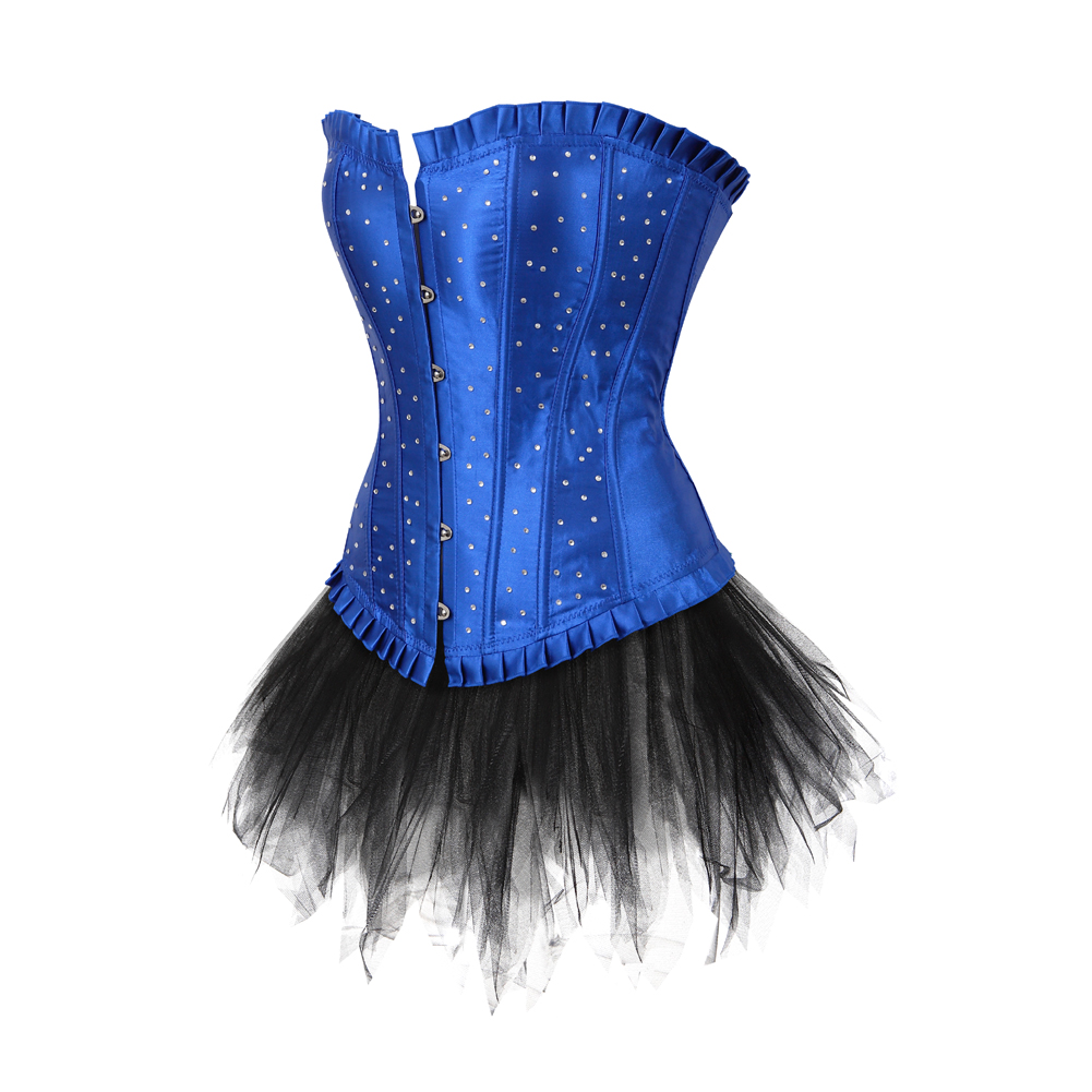 Blue-Corset Bustier with Tutu Skirt Women Gothic Plus Size Rhinestones Lace Up Boned Corselet Dress Club Party Evening New Years Eve