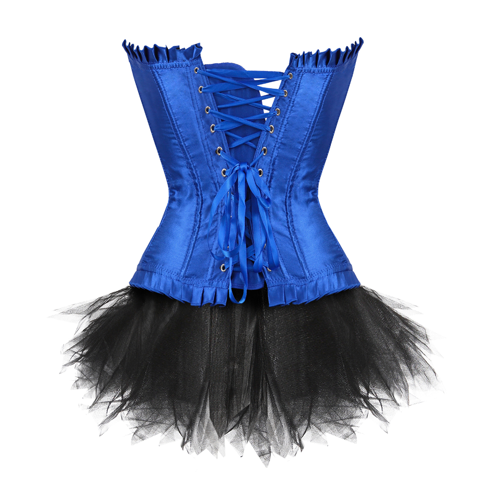 Blue-Corset Bustier with Tutu Skirt Women Gothic Plus Size Rhinestones Lace Up Boned Corselet Dress Club Party Evening New Years Eve