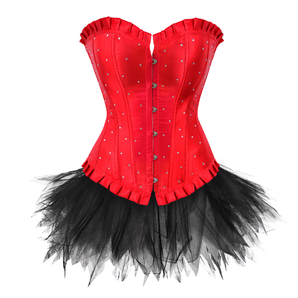 Red-Corset Bustier with Tutu Skirt Women Gothic Plus Size Rhinestones Lace Up Boned Corselet Dress Club Party Evening New Years Eve