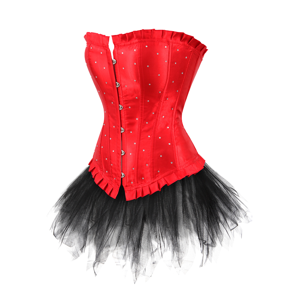 Red-Corset Bustier with Tutu Skirt Women Gothic Plus Size Rhinestones Lace Up Boned Corselet Dress Club Party Evening New Years Eve