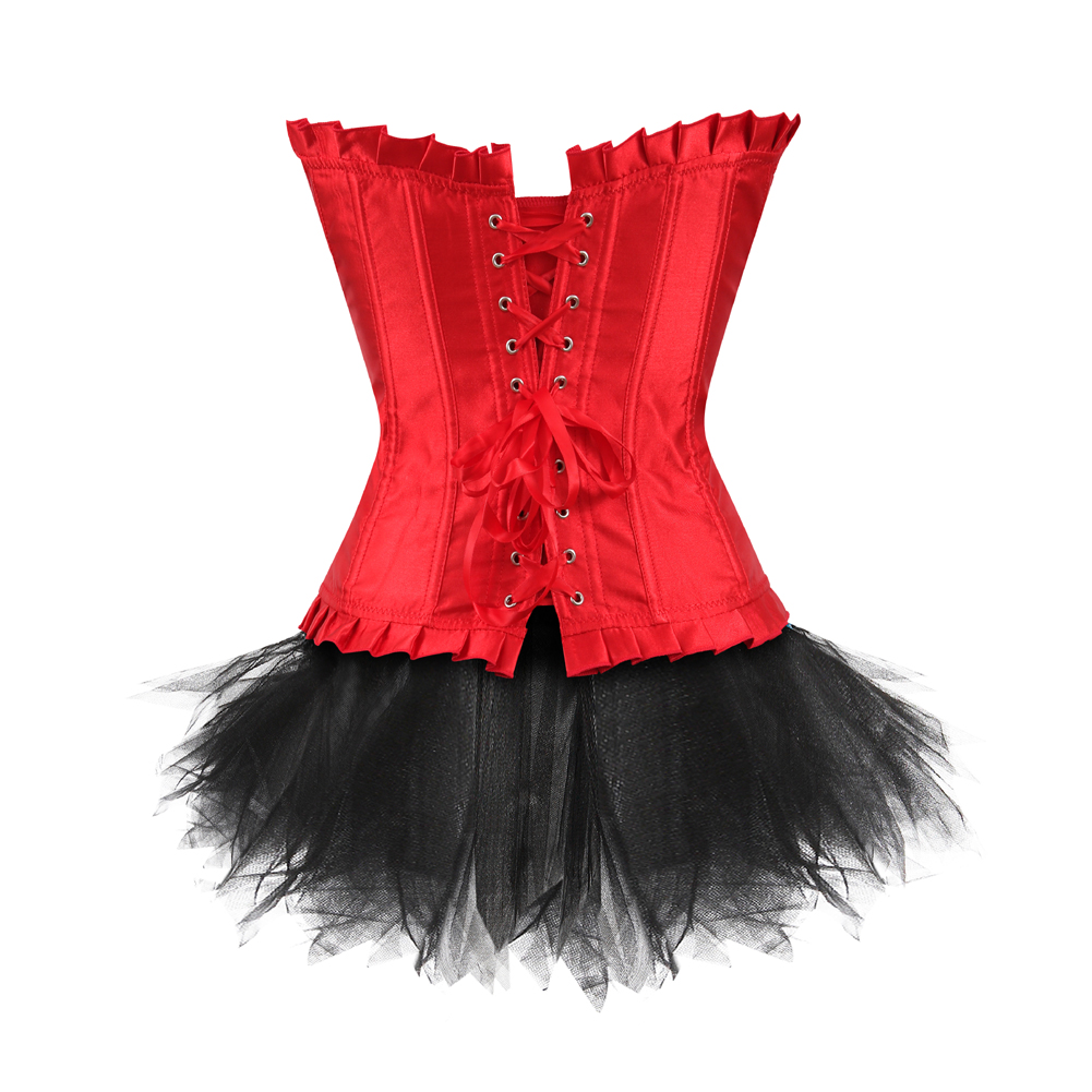 Red-Corset Bustier with Tutu Skirt Women Gothic Plus Size Rhinestones Lace Up Boned Corselet Dress Club Party Evening New Years Eve