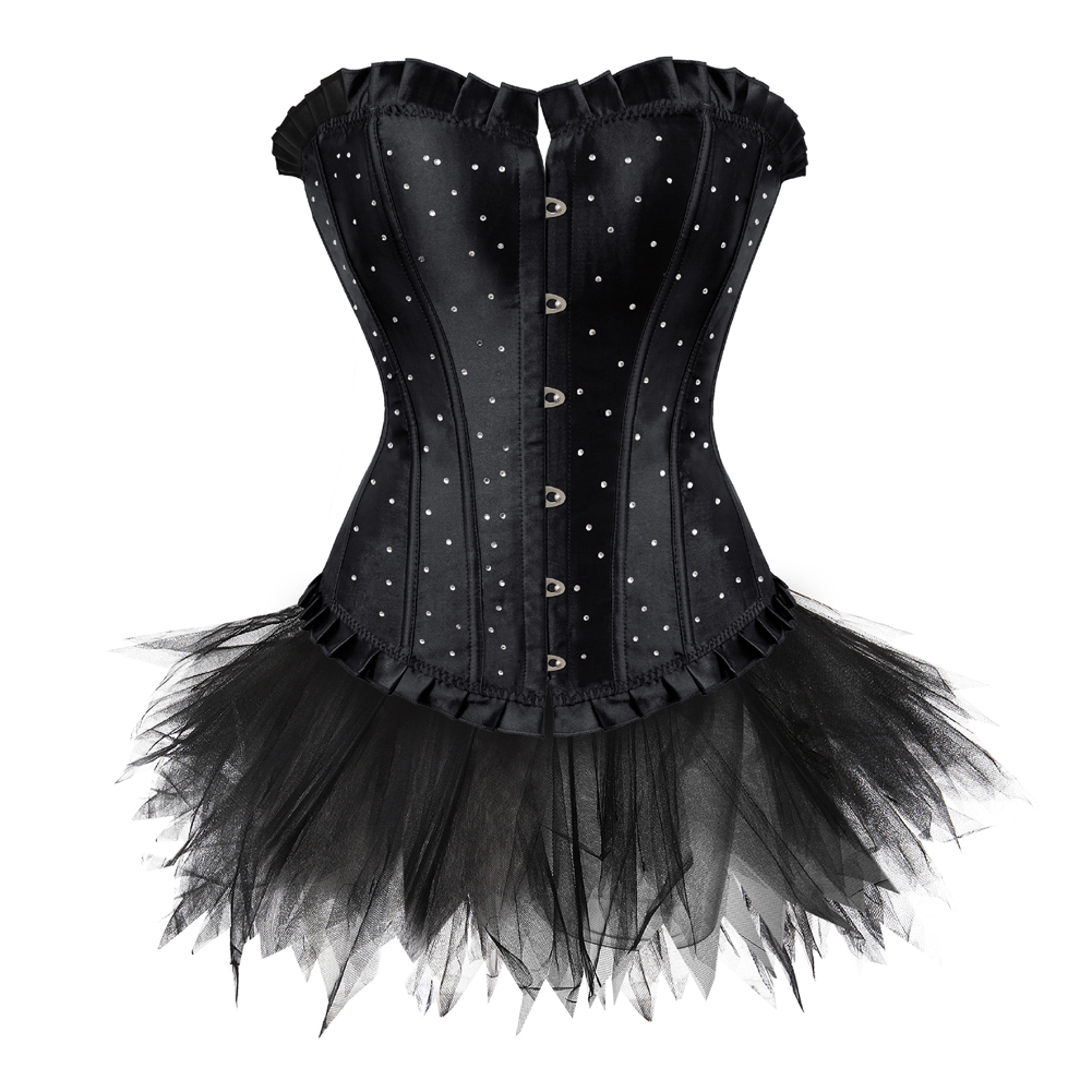 Black-Corset Bustier with Tutu Skirt Women Gothic Plus Size Rhinestones Lace Up Boned Corselet Dress Club Party Evening New Years Eve