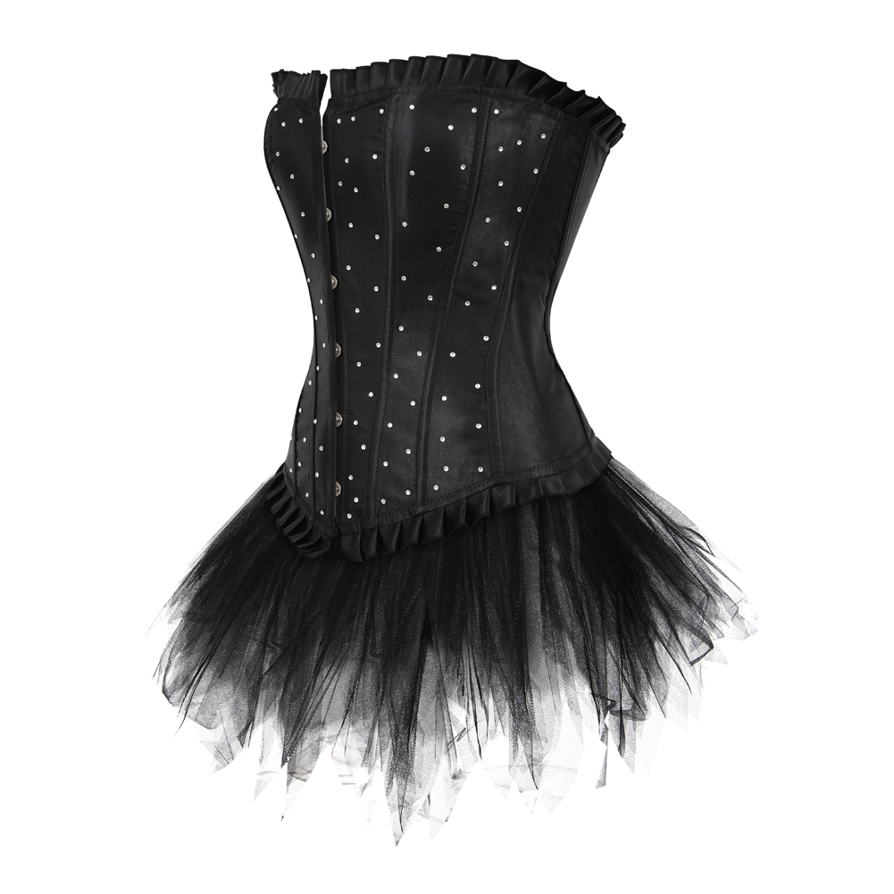 Black-Corset Bustier with Tutu Skirt Women Gothic Plus Size Rhinestones Lace Up Boned Corselet Dress Club Party Evening New Years Eve