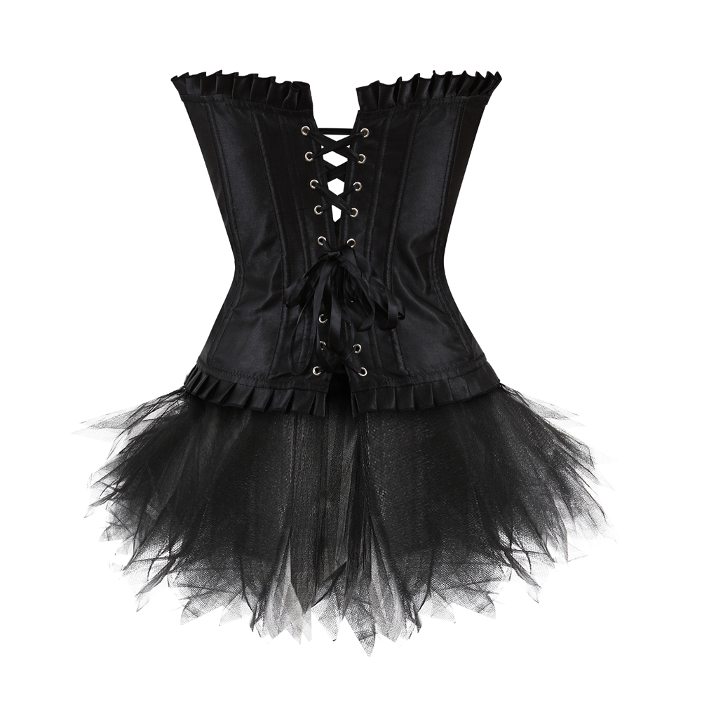 Black-Corset Bustier with Tutu Skirt Women Gothic Plus Size Rhinestones Lace Up Boned Corselet Dress Club Party Evening New Years Eve
