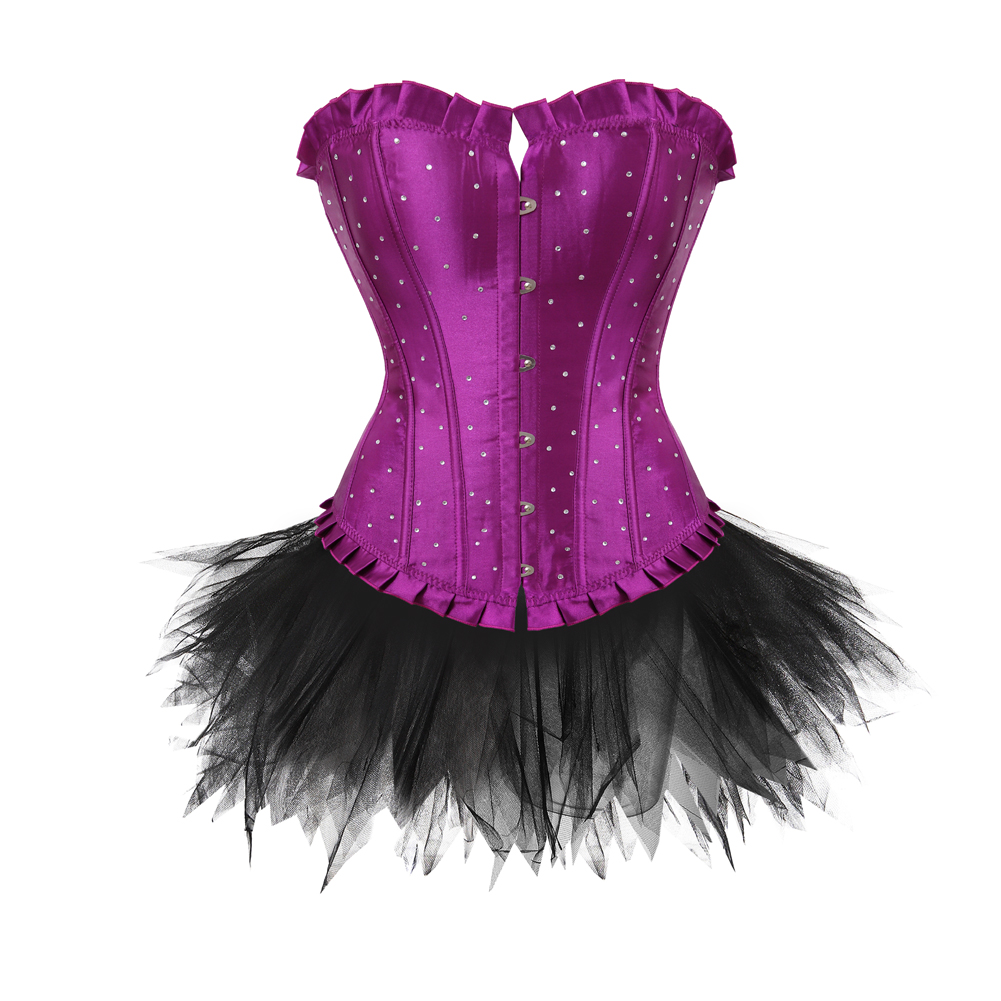 Purple-Corset Bustier with Tutu Skirt Women Gothic Plus Size Rhinestones Lace Up Boned Corselet Dress Club Party Evening New Years Eve