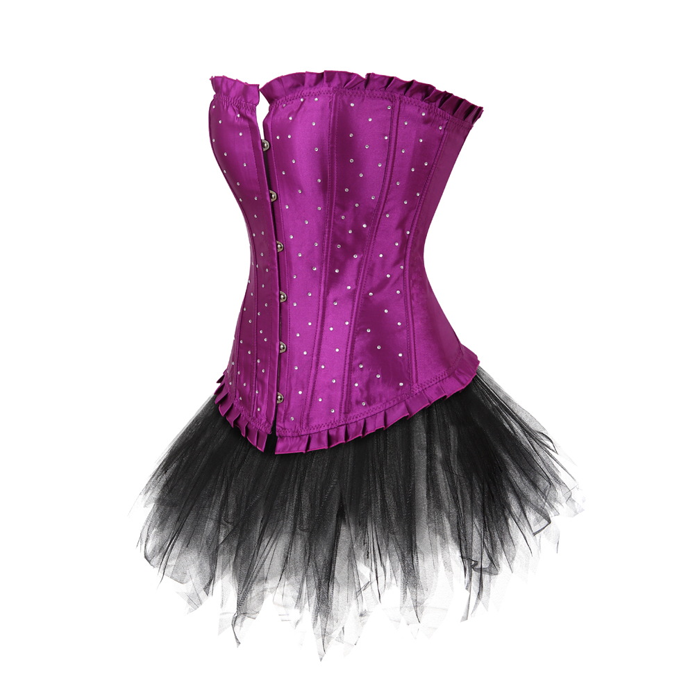 Purple-Corset Bustier with Tutu Skirt Women Gothic Plus Size Rhinestones Lace Up Boned Corselet Dress Club Party Evening New Years Eve