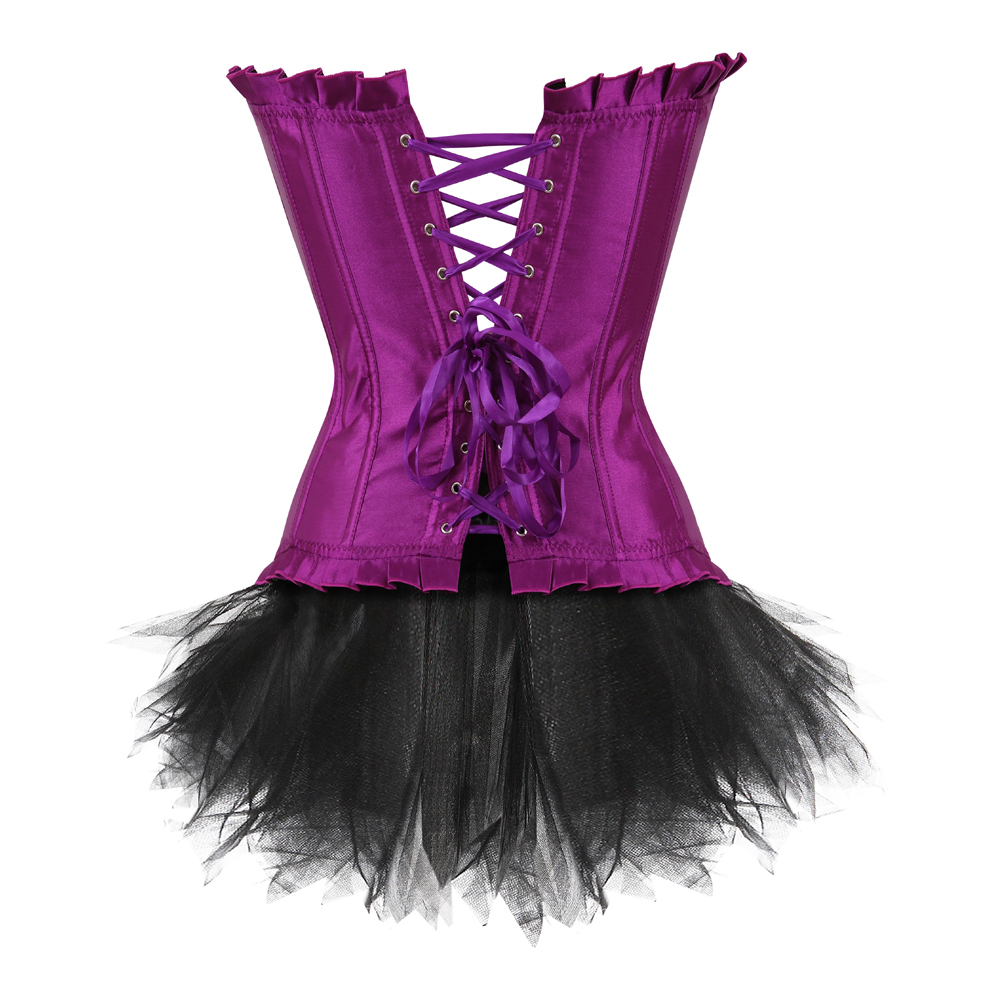 Purple-Corset Bustier with Tutu Skirt Women Gothic Plus Size Rhinestones Lace Up Boned Corselet Dress Club Party Evening New Years Eve