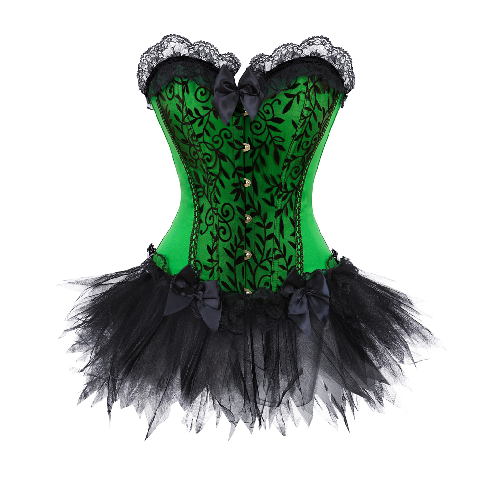 Green-Corset Bustier with Mini Tutu Skirt Gothic Slimming Plus Size Lace Overlay Korsage Dress Carnival for Women Party Club Night