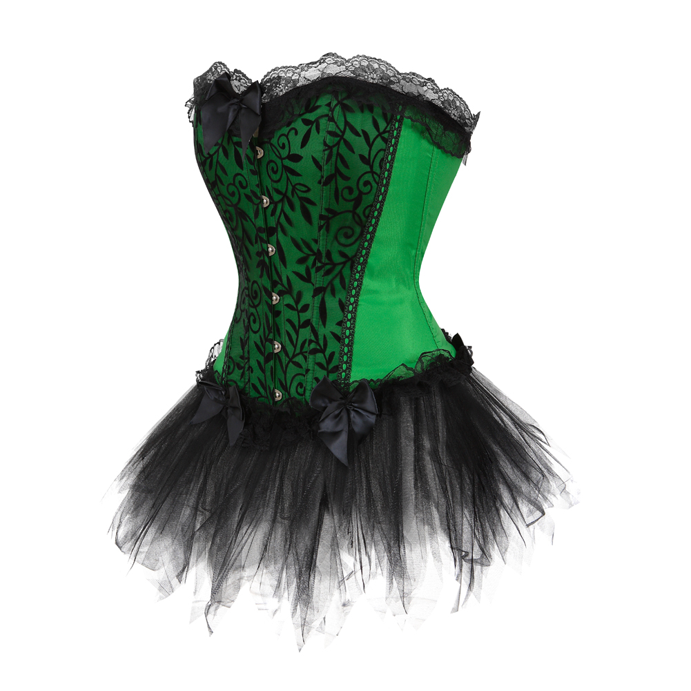 Green-Corset Bustier with Mini Tutu Skirt Gothic Slimming Plus Size Lace Overlay Korsage Dress Carnival for Women Party Club Night