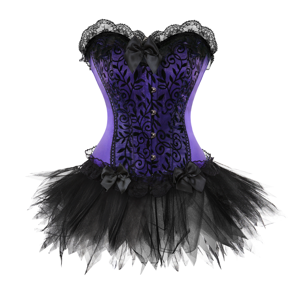 Purple-Corset Bustier with Mini Tutu Skirt Gothic Slimming Plus Size Lace Overlay Korsage Dress Carnival for Women Party Club Night