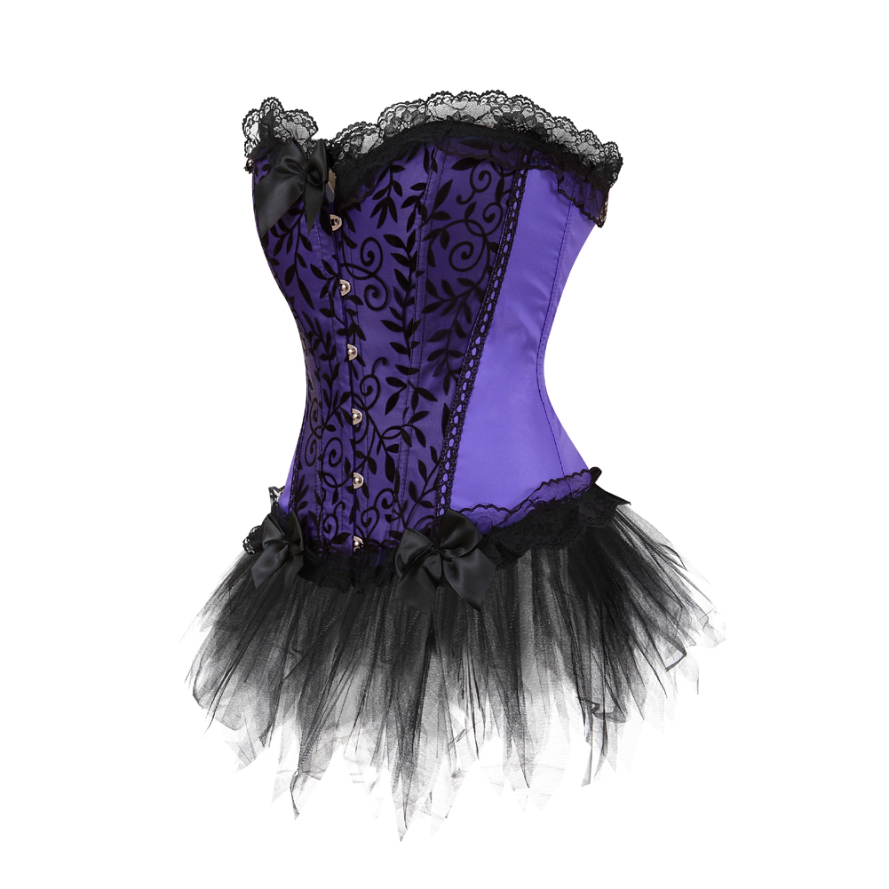 Purple-Corset Bustier with Mini Tutu Skirt Gothic Slimming Plus Size Lace Overlay Korsage Dress Carnival for Women Party Club Night