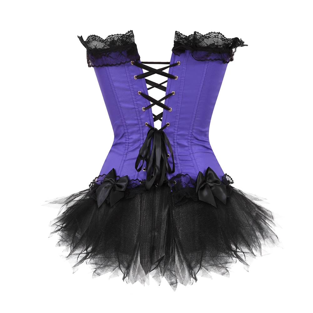 Purple-Corset Bustier with Mini Tutu Skirt Gothic Slimming Plus Size Lace Overlay Korsage Dress Carnival for Women Party Club Night