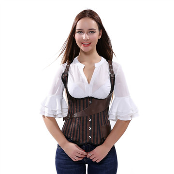 Grebrafan Tight Lace Vest Bustier Corset Top Striped Underbust Steampunk Brown