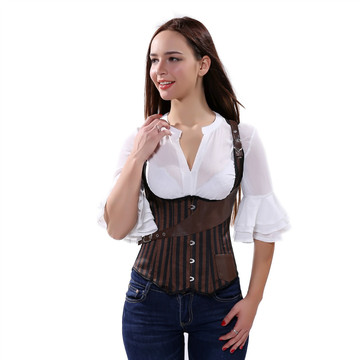 Grebrafan Tight Lace Vest Bustier Corset Top Striped Underbust Steampunk Brown