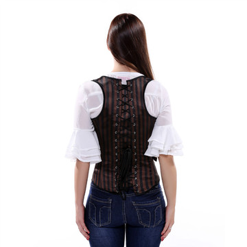 Grebrafan Tight Lace Vest Bustier Corset Top Striped Underbust Steampunk Brown