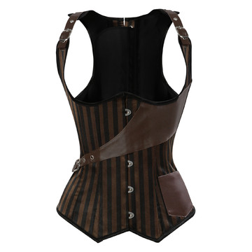 Grebrafan Tight Lace Vest Bustier Corset Top Striped Underbust Steampunk Brown