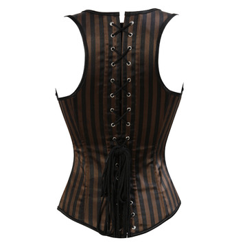 Grebrafan Tight Lace Vest Bustier Corset Top Striped Underbust Steampunk Brown