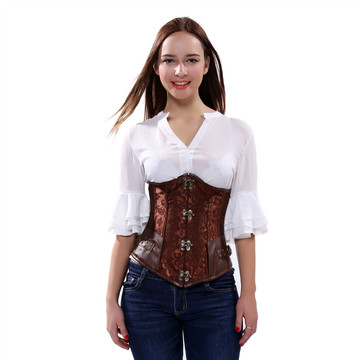 Grebrafan Brocade Corset Steel Boned Steampunk Underbust Buckle Bustier