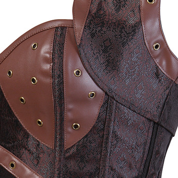 Grebrafan Steampunk Corset Brocade Pirate Boned Bustiers with Jacket and Belt